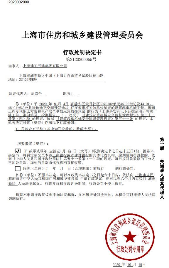 上海建工五建集团有限公司因一项目未审核施工方案和事故应急救援预案被罚1万元