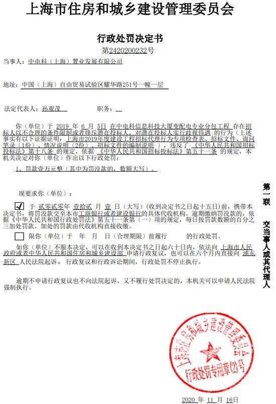 中电科(上海)置业发展有限公司因一项目歧视潜在投标人被罚1万元