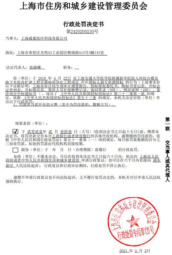 上海威豪医疗科技有限公司一项目串通投标被罚1.25万元