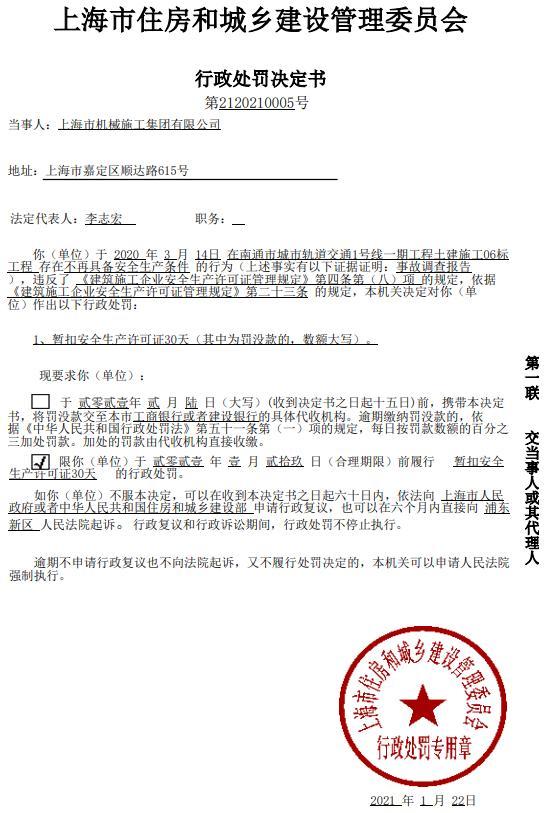 上海市机械施工集团有限公司因一项目不具备安全生产条件施工被暂扣安全生产许可证