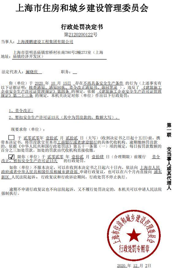 上海溧鹏建设工程集团有限公司因一项目不再具备安全生产条件被暂扣安全生产许可证