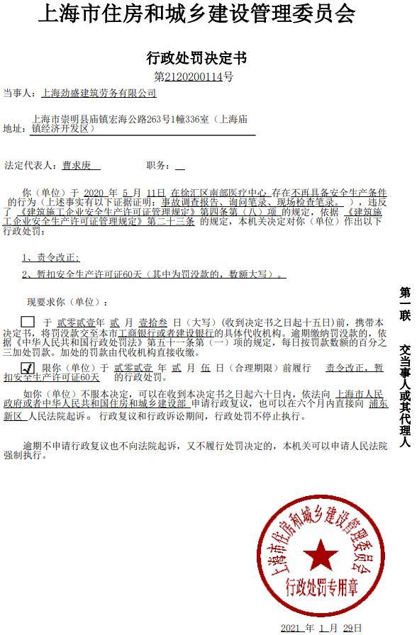 上海劲盛建筑劳务有限公司因一项目不再具备安全生产条件被暂扣安全生产许可证