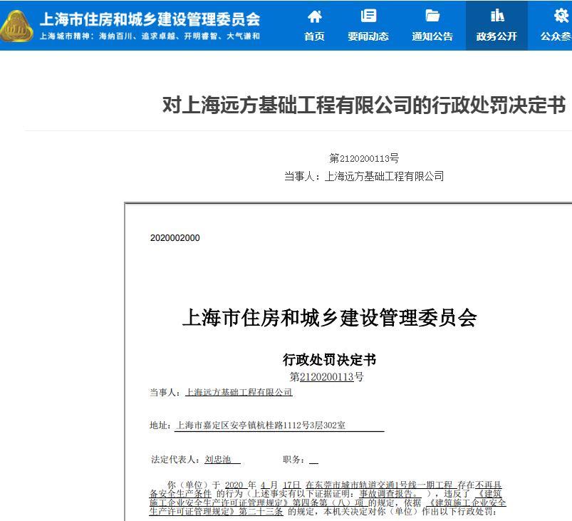 上海远方基础工程有限公司因一项目不再具备安全生产条件被暂扣安全生产许可证