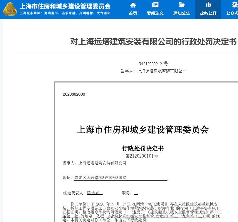 上海远塔建筑安装有限公司一项目因未按照建筑起重机械专项操作规程组织作业被罚1万元