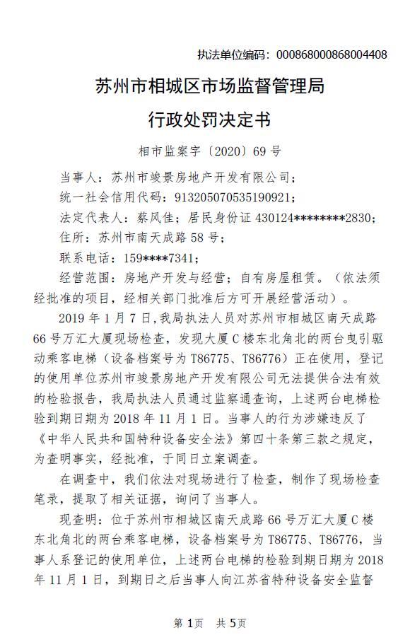 苏州市竣景房地产开发有限公司改造电梯未检验即使用被罚5万元 属合景泰富旗下