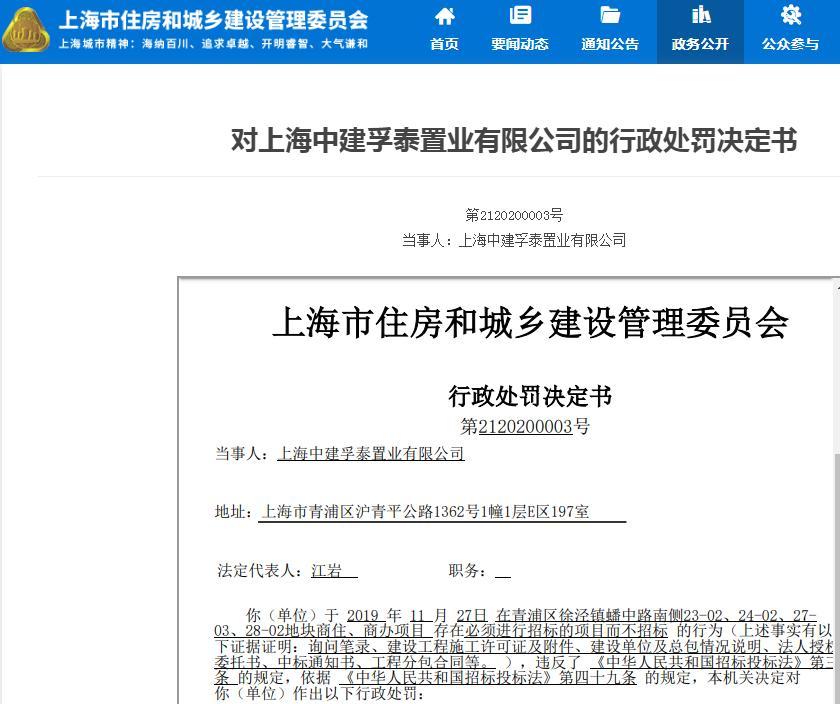 上海中建孚泰置业有限公司因一项目违规不招标被罚10.67万元