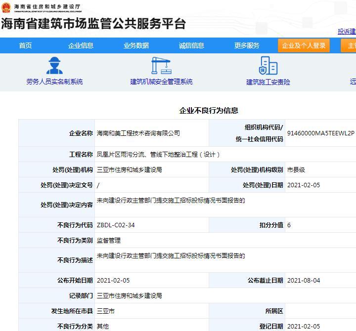 海南和美工程技术咨询有限公司因一项目未提交施工招标投标情况书面报告被扣6分