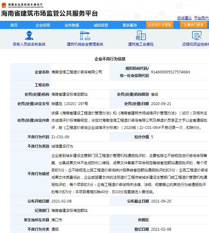 海南佳信工程造价咨询有限公司违规被通报批评 扣5分