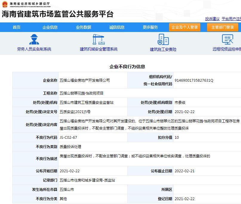 五指山福安房地产开发有限公司因一项目出现质量投诉后不配合调查被扣10分