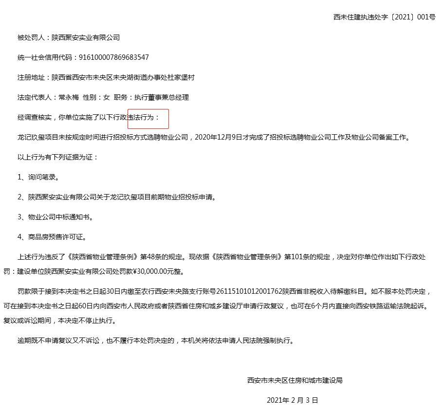 陕西聚安实业有限公司龙记玖玺项目未按时招投标选聘物业 被罚款3万元