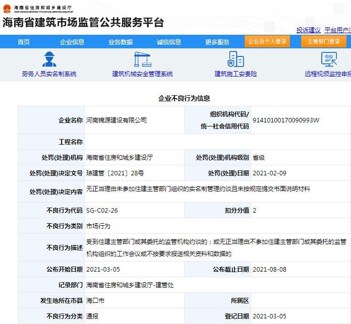 无正当理由不参加实名制管理约谈 河南锦源建设有限公司被扣2分