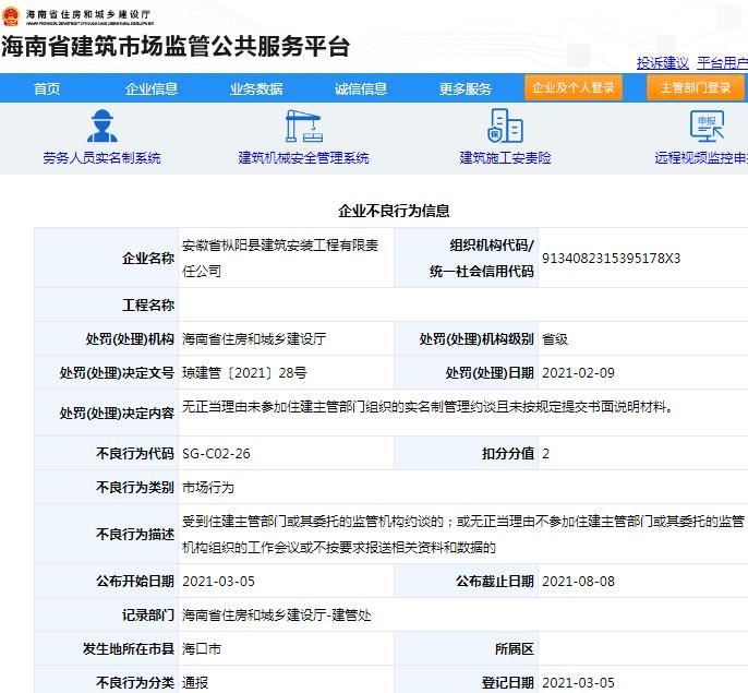 安徽省枞阳县建筑安装工程有限责任公司未参加实名制管理约谈被扣2分