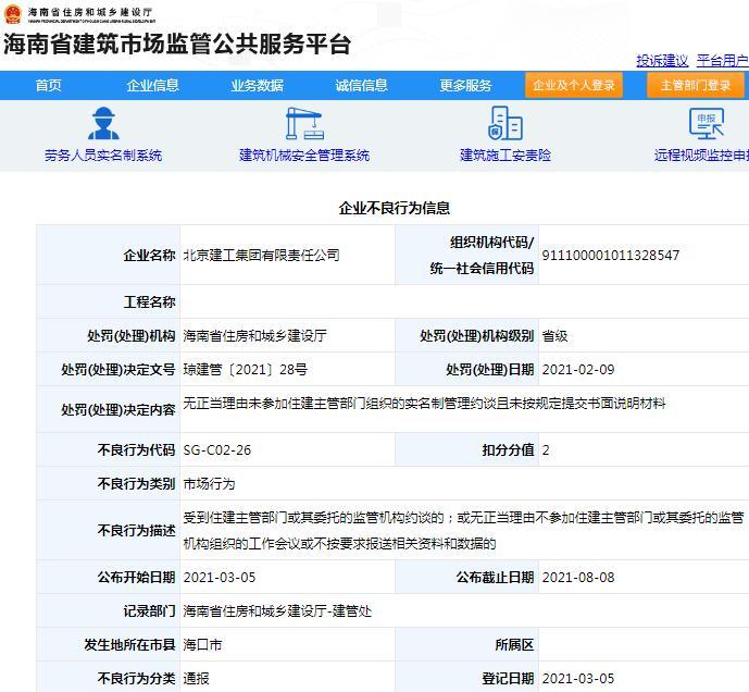 北京建工集团有限责任公司被扣2分 无理由缺席实名制管理约谈