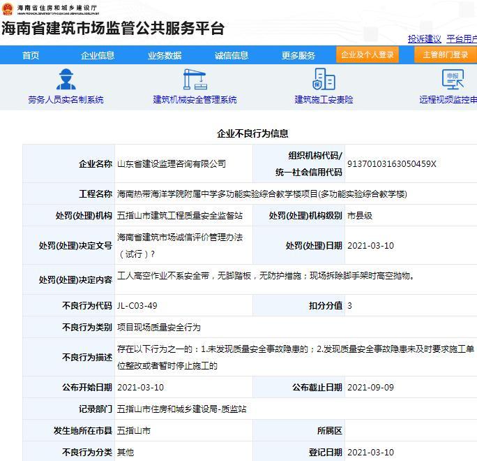 未发现质量安全事故隐患 海南热带海洋学院附属中学多功能实验综合教学楼项目监理单位被扣3分