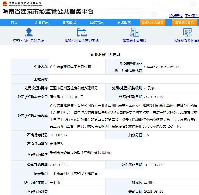 未按标准做好安全防护措施致1人摔伤 广东诺厦建设集团有限公司被记入不良行为记录扣2.5分