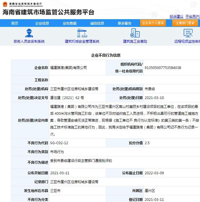 福建路港(集团)有限公司因不及时组织施工人员进场被记不良行为记录扣2.5分
