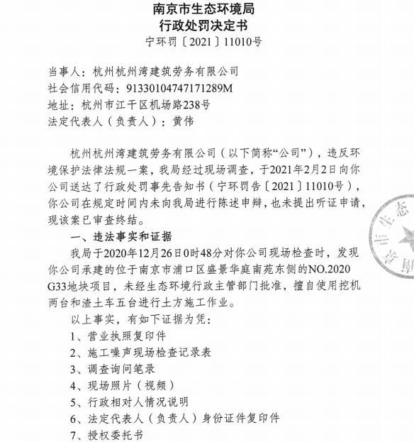 杭州杭州湾建筑劳务有限公司一项目未经批准夜间施工被罚1.8万元