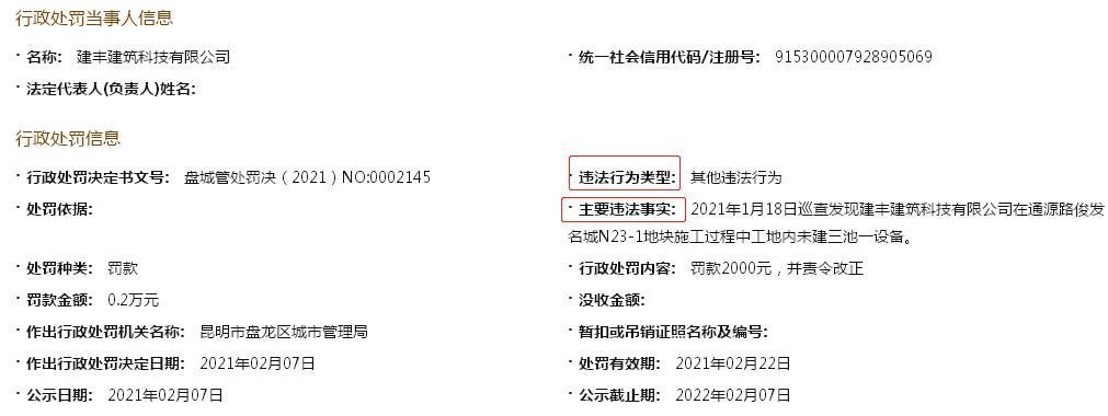 昆明俊发名城违法施工遭处罚 工地内未建三池一设备