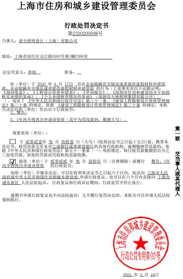 提供虚假材料申请资质 麦兮照明设计(上海)有限公司被警告且1年内不得再次申请