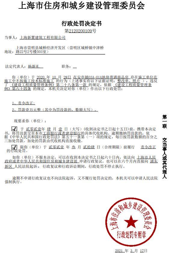 不按施工技术标准施工 上海新置建筑工程有限公司被罚1万元