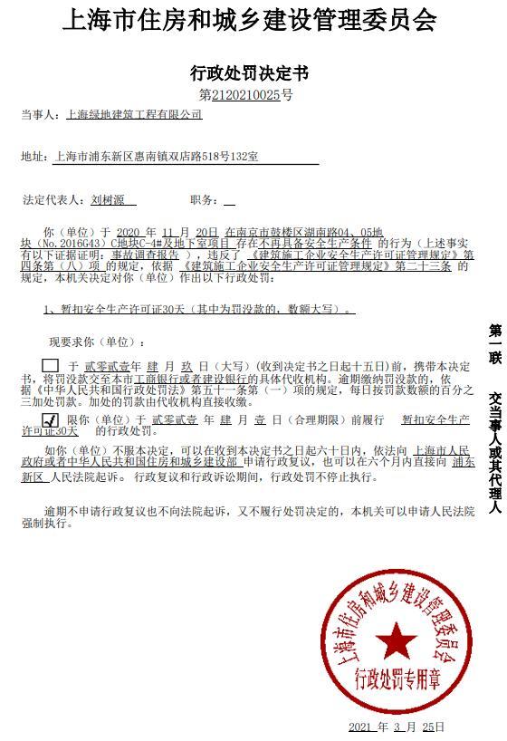 上海绿地建筑工程有限公司被暂扣安全生产许可证 不再具备安全生产条件