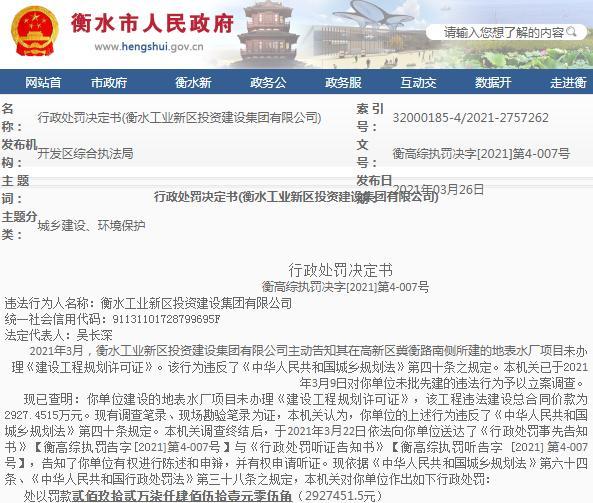 衡水工业新区投资建设集团有限公司被罚292万元 无工程规划许可证擅自开工