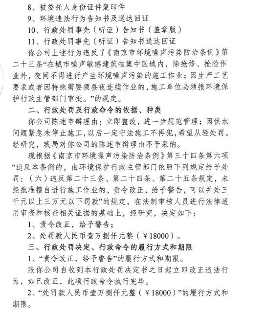 友联工程安装集团有限公司浦口分公司等4家公司夜间施工 各被罚1.8万元