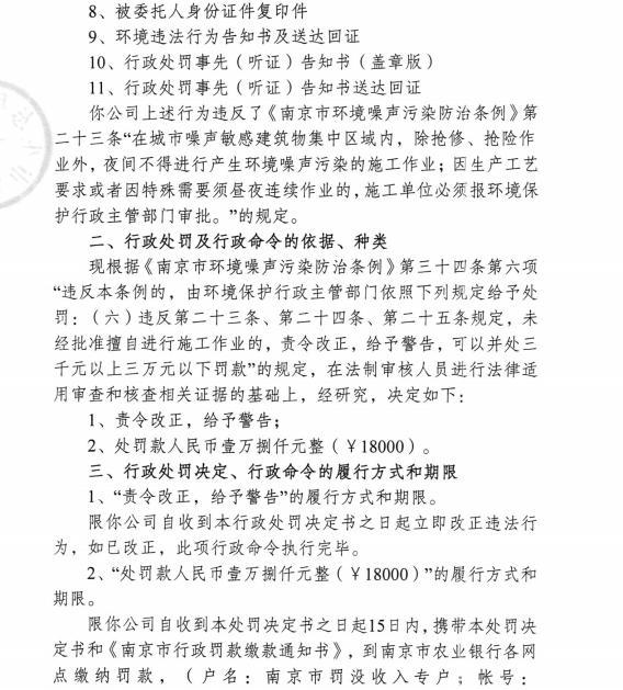 友联工程安装集团有限公司浦口分公司等4家公司夜间施工 各被罚1.8万元