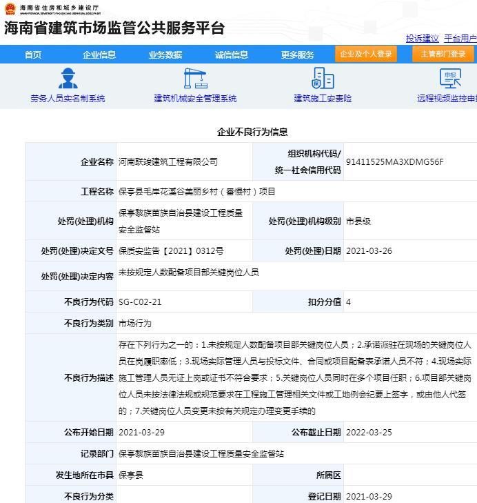 未按规定人数配备关键岗位人员 河南联竣建筑工程有限公司被扣4分