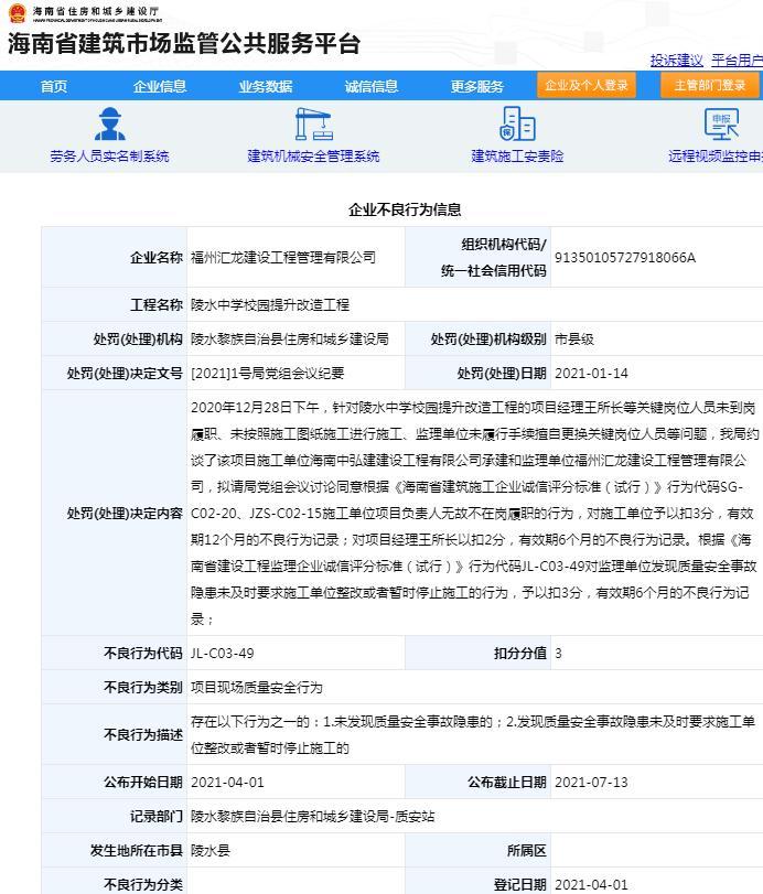 未履行手续擅自更换关键岗位人员 陵水中学校园提升改造工程监理单位被扣3分