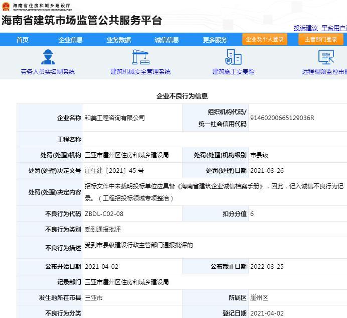 和美工程咨询有限公司因招标文件不规范被通报批评 扣6分