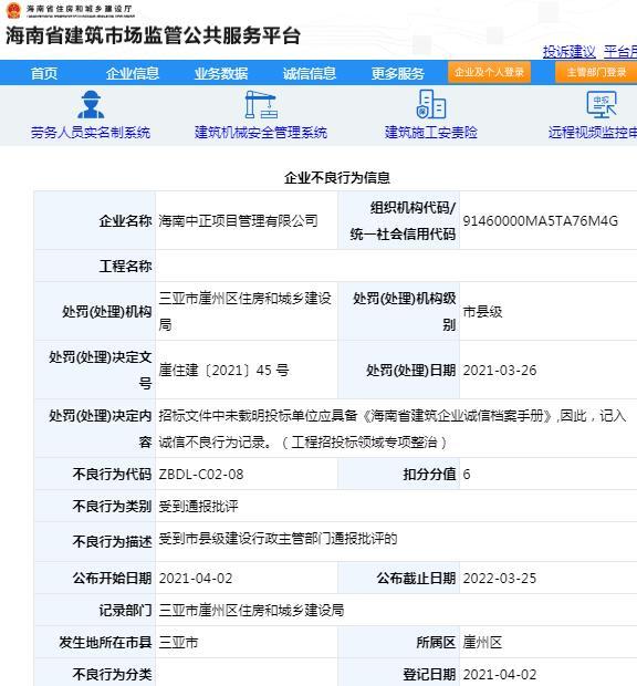海南中正项目管理有限公司被通报批评扣6分 招标文件不合规范
