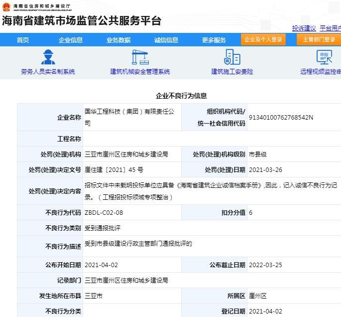 国华工程科技（集团）有限责任公司因招标文件不合规范被通报批评 扣6分