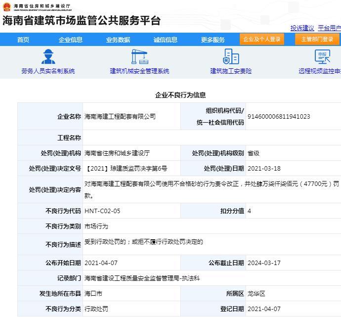 海南海建工程配套有限公司因使用不合格砂被罚4.77万元