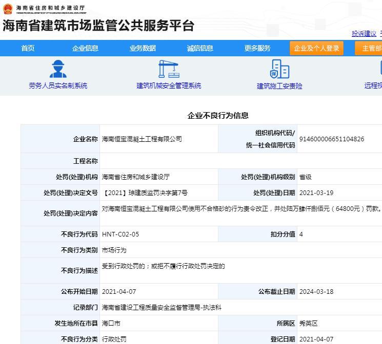 使用不合格砂 海南恒宝混凝土工程有限公司被罚6.48万元