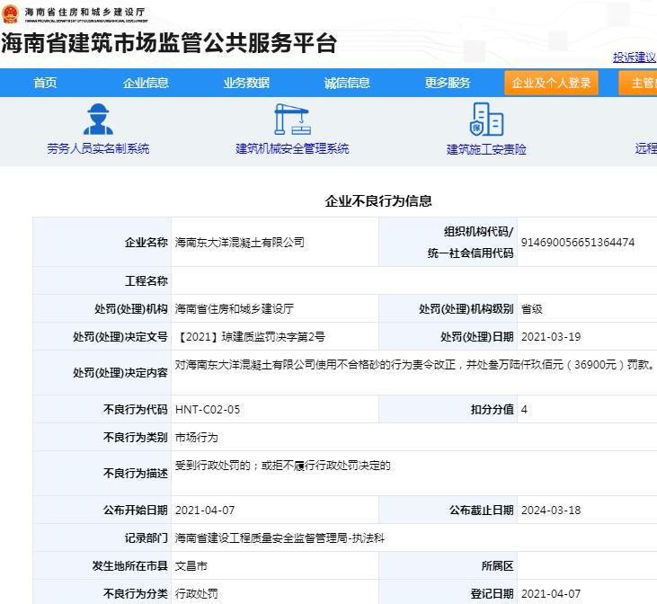 使用不合格砂 海南东大洋混凝土有限公司被罚3.69万元扣4分