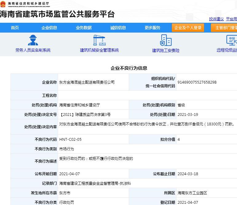 东方金海混凝土配送有限责任公司因使用不合格砂被罚1.83万元 扣4分