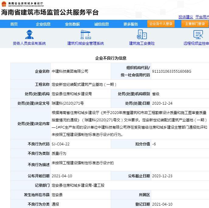 中建科技集团有限公司未按工程建设强制性标准设计被通报批评 扣6分