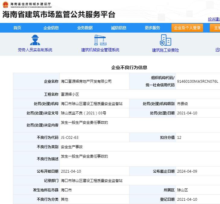 海口富源辉房地产开发有限公司富源辉小区项目发生安全事故 被扣12分