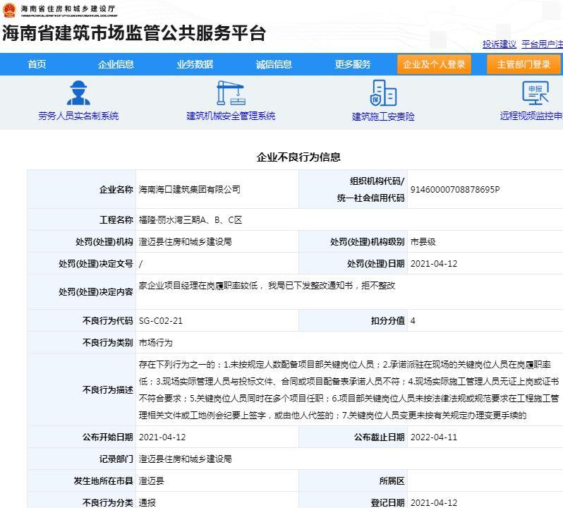 海南海口建筑集团有限公司因一项目经理履职率低且拒不整改被扣4分