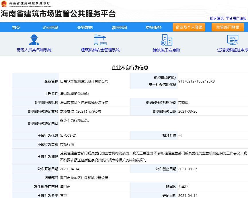 无理由缺席监管机构工作会议 山东华烨规划建筑设计有限公司被记不良行为扣4分