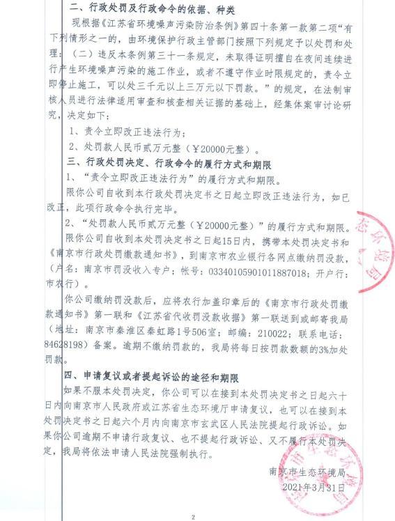 夜间施工产生噪声污染 江苏圣通建设集团有限公司被责令改正罚款2万元