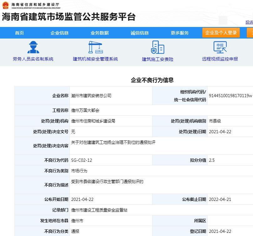 儋州万国大都会在建工地扬尘治理不到位 潮州市建筑安装总公司被通报批评