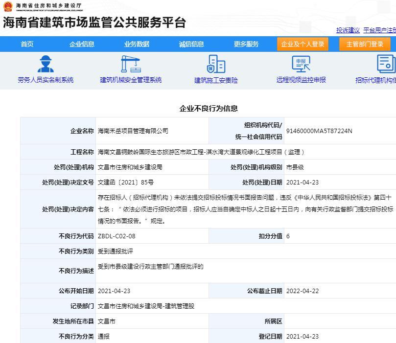 海南禾岳项目管理有限公司未依法提交招标投标情况被通报批评 扣6分