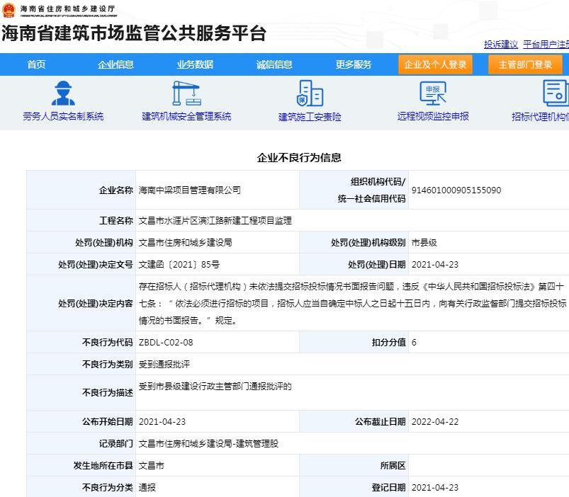 海南中梁项目管理有限公司未依法提交招标投标情况被通报批评 扣6分