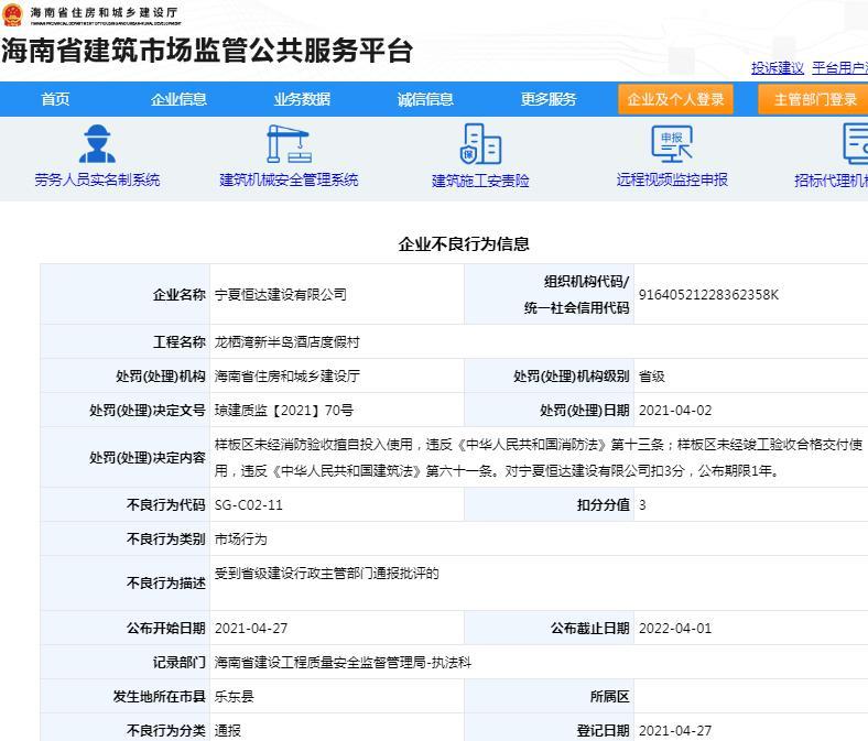 宁夏恒达建设有限公司一项目样板区未经消防验收擅自投入使用被通报批评 扣3分