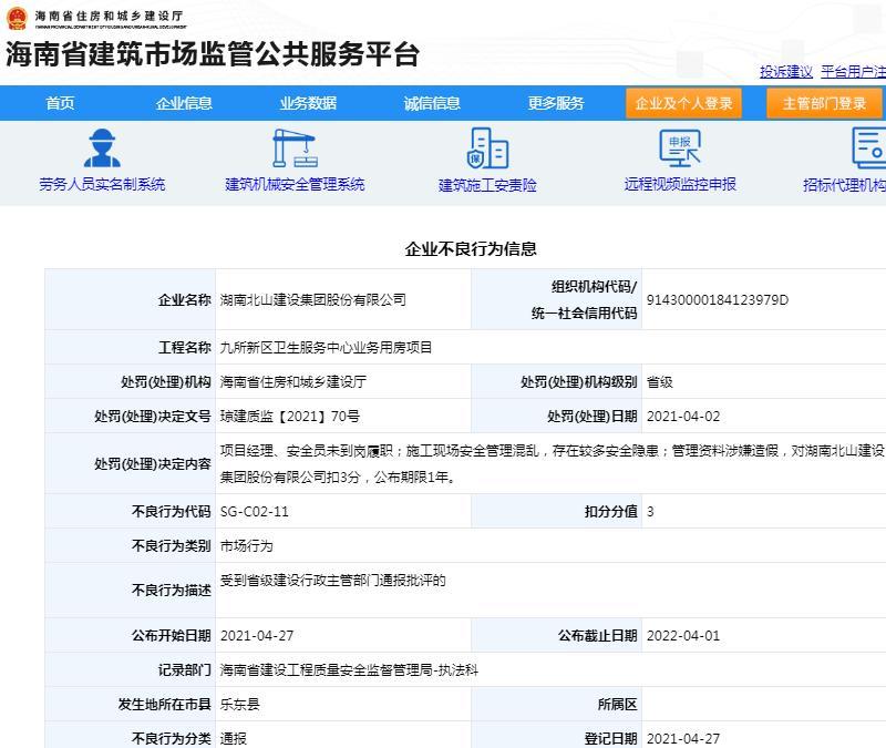 施工现场安全管理混乱 湖南北山建设集团股份有限公司被通报批评