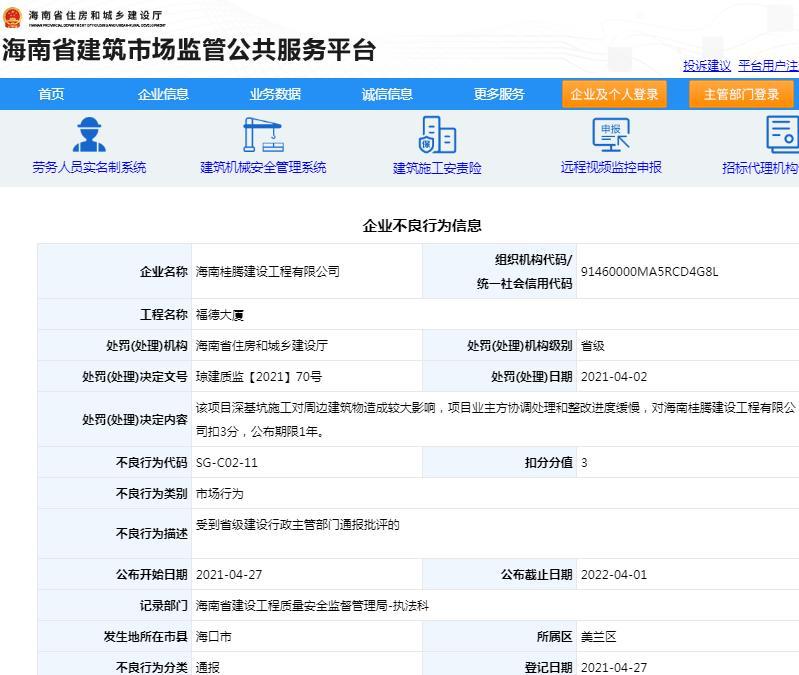 施工对周边建筑物造成较大影响并整改缓慢 海南桂腾建设工程有限公司被通报批评