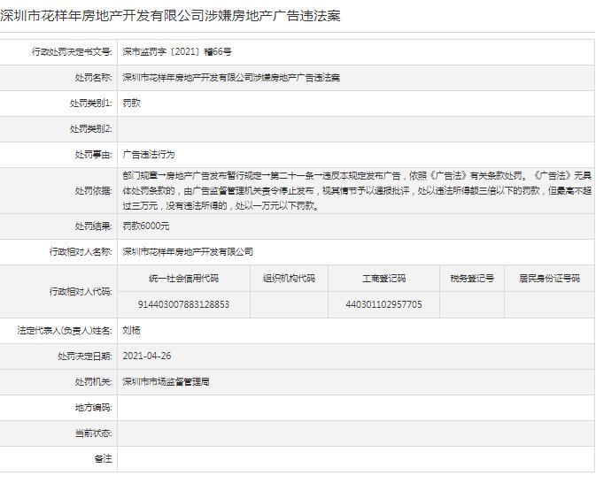 房地产广告违法 深圳市花样年房地产开发有限公司被罚6000元