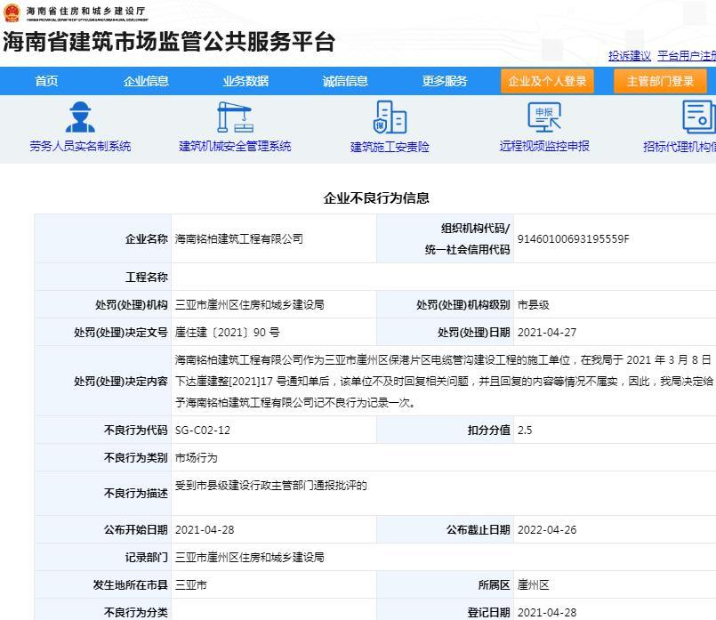 整改回复不属实 海南铭柏建筑工程有限公司被通报批评